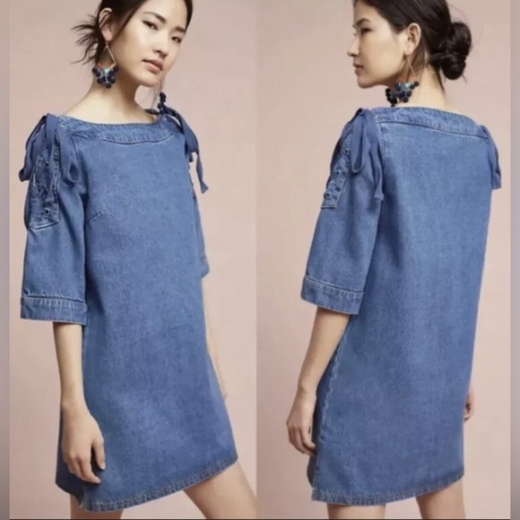 NEW Anthropologie Maeve Denim Mini Shift Dress w/ Lace Up Shoulders Women’s S - Picture 2 of 10